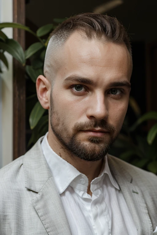 Portrait d’un jeune homme blanc barbu chauve avec les yeux vert. en costume blanc de marié et cravate dorée et orchidée a la boutonnière