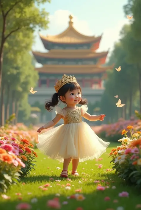 asian  playing in the park, under her feet are green lawns, next to them are colorful flower beds, detailed , detailed grass, detailed flowers, in the distance is a palace with golden sunlight shining on it, detailed palace with european and fairy tale sty...