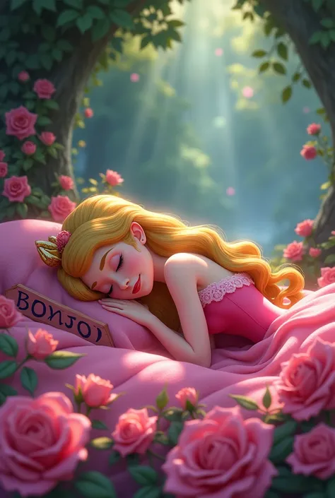 La belle au bois dormant Disney est endormie sur un lit de Roses, elle lève un panneau où il y a écrit "BONJOUR"  Dessin animé