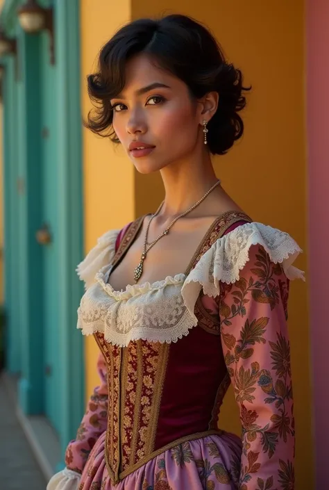 Beautiful latina woman perfect body short brunette hair,  dressed in elegant victorian era 19th century American colorful conservative formal studio lighting,  beautiful outdoor background 