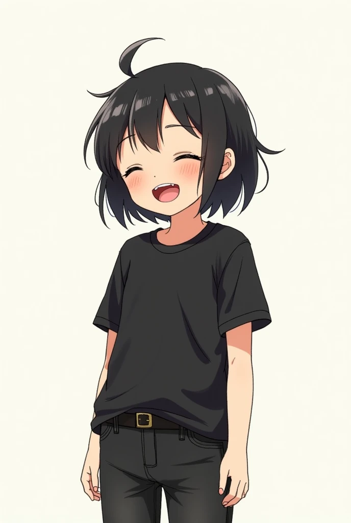  in real life a laughing girl black hair in a black t-shirt with black jeans drawn by a child 