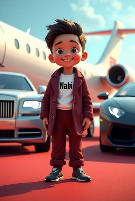 I want a young boy and name of the boy is Nabi that is written on the white shirt of the boy wearing a maroon coat and pant with white inner shirt In background one silver rolls royce and one black Lamborghini with one white private jet