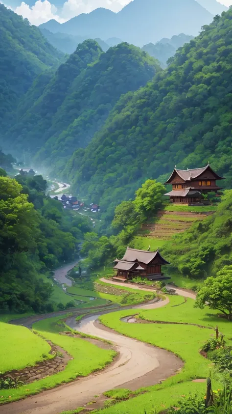 detailed curvy road, curvy stream, mountain landscape, small rural village, traditional myanmar architecture, thatched roofs, wo...