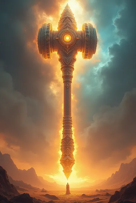 (a giant hammer shaft), celestial hammer, mystical landscape, bright golden start, mystic dessert, vivid color, sand storm, cinematic lighting, realistic, (masterpiece, best quality:1.2)