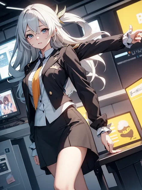 (firfly from honkai starrail game), 1girl, wearing a office suit, black tight skirt, at an office , 8k, high detailed, high qual...