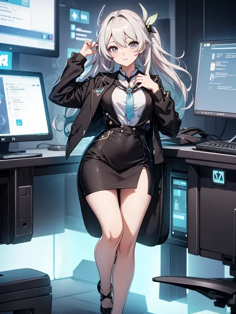 (firfly from honkai starrail game), 1girl, wearing a office suit, black tight skirt, at an office , 8k, high detailed, high qual...