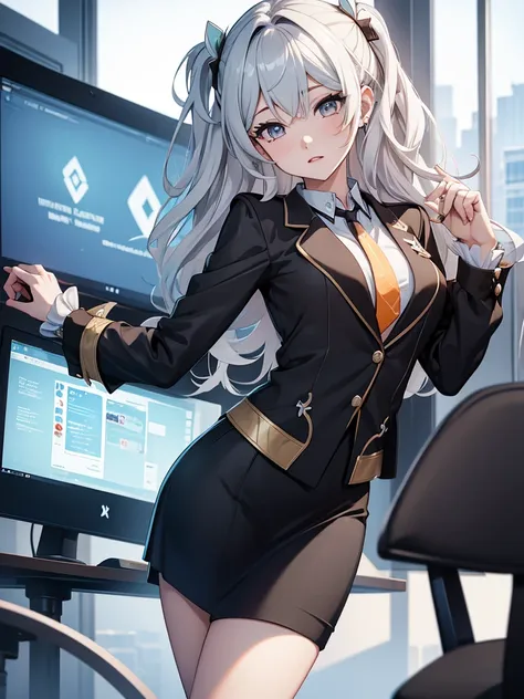 (firfly from honkai starrail game), 1girl, wearing a office suit, black tight skirt, at an office , 8k, high detailed, high qual...