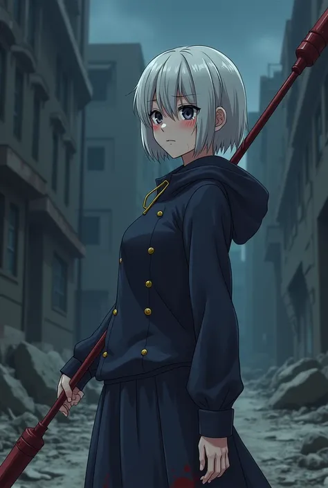 (anime, jujutsu kaisen:1.2), adult woman, loose clothing, wearing deep navy shirt, shirt has hood, deep navy shirt with golden button, a deep navy skirt, platinum hair, short hair, black eyes, relaxed pose, holding a spear, image shot from her side, detail...