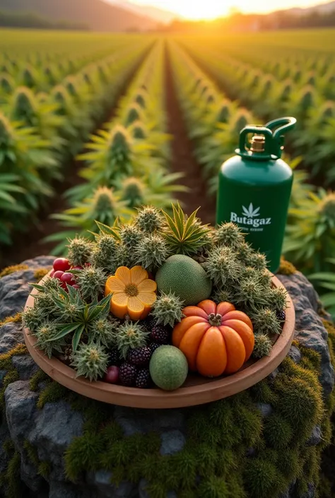 

Imagine un **plateau magnifiquement arrangé**, traditionnellement utilisé pour présenter des fruits, mais dans ce cas, il est rempli de **différentes variétés de cannabis**. Chaque "fruit" est en réalité une tête de cannabis, soigneusement sélectionnée p...