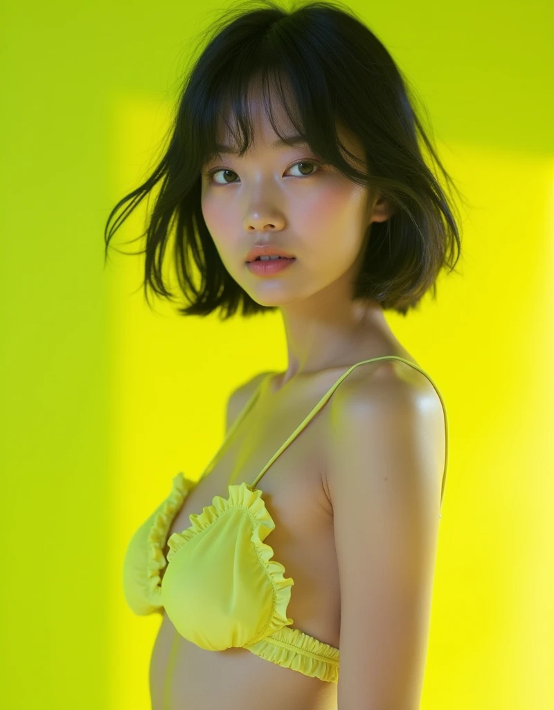 real photograph, (masterpiece), (highest quality), (Super detailed), (messy hair), (shape), (one japanese girl), (chiffon frill bikini), big breasts, Are standing, Fashion Model, (simple yellow green background), fine and beautiful eyes, pretty faced,  flo...