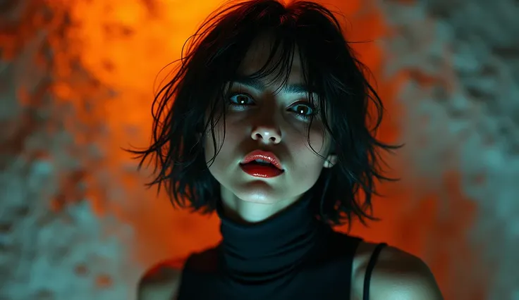 ultra-detailed, realistic, wallpaper,woman, disheveled, hard breath, bob cut, sexual tension, red lips, sexy despair, sweat, desperation loosing control, turtleneck, void, abstract, orange blue, 