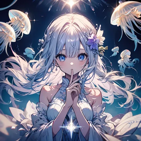 1 person、Mature、Ample breasts、Long Hair、Blue Eyes、Light purple hair、Alluring、White Dress、Shoulder Bare、See-through sleeves、Light、Transparent、Transparency、Fleeting、Delicate hair、Seashell Accessories、Jellyfish、Jellyfishと泳ぐ、In the sea、Fish shadow、Sunlight shi...