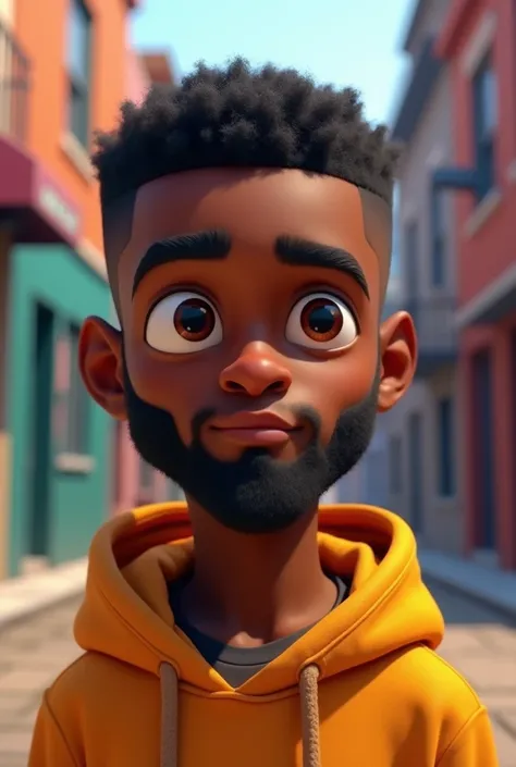 a dark skin male african teen animation with a van dyke beard and a faded buzz cut