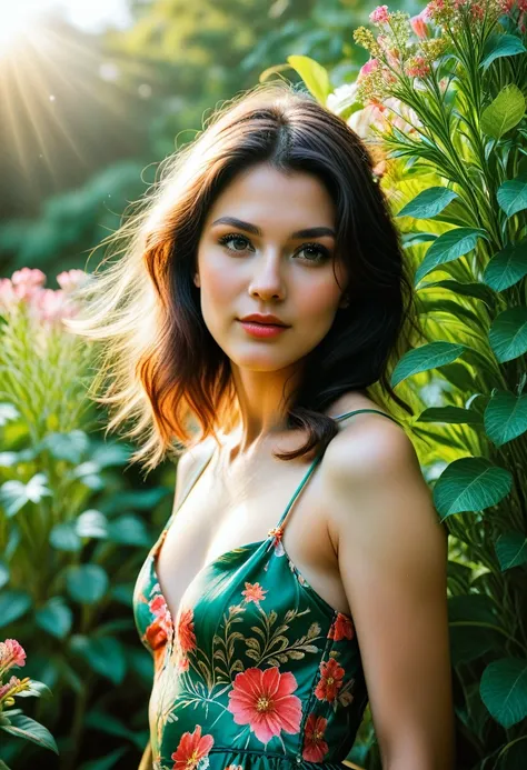 a beautiful young girl in a serene garden, bending down to examine a delicate flower, her long hair flowing gracefully around he...