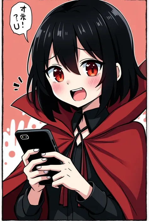 (masterpiece, best quality:1.2), (2comic panels, dot halftone, flat color), black hair, red eyes, (vampire girl), vampire fangs, gothic costume, red cloak, scrolling on smart phone, (saying "F-Fakku U!" with blushed face)