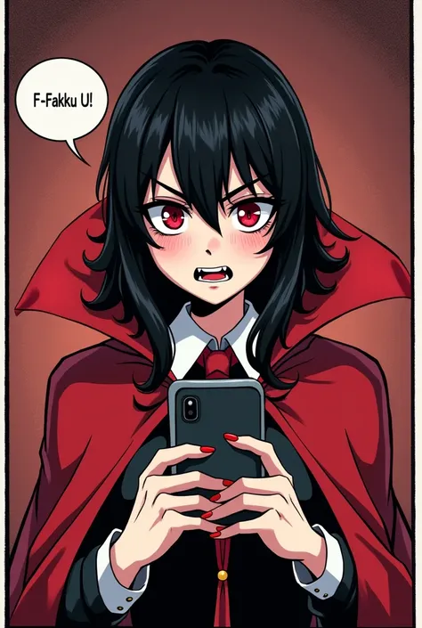 (masterpiece, best quality:1.2), ((2comic panels)), (dot halftone, flat color), black hair, red eyes, vampire girl, vampire fangs, (gothic costume, red cloak), scrolling on smart phone, (saying "F-Fakku U!" with angry face)