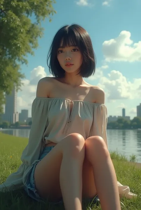 (photorealism:1.2), beautiful girl, sitting at park, wearing loose off-shoulder top, wearing shorts, Black Short Hairs, soft lighting, Sky in background, Real Girl, Feel Alone