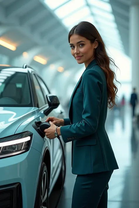 A beautiful Hispanic woman with green eyes plugging her latest electric Volkswagen into an electrical terminal. She looks at her Volkswagen car and smiles. She is wearing a Volkswagen suit and the background is futuristic