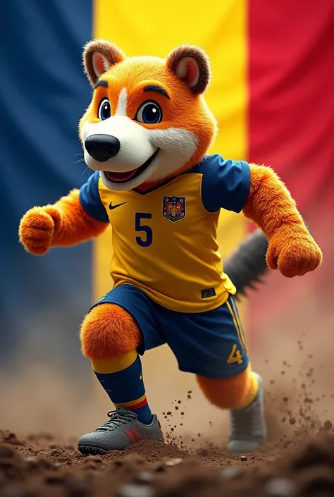 Insert an image of the Romanian flag with the mascot of the Romanian national team symbolizing the war against dirt with a name on the mascots jersey being 5/S