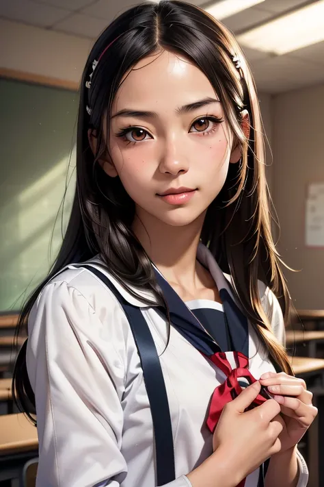 (masterpiece, Highest quality), One person, ChikaruMinamoto, Hair Ribbon, school uniform, Face Focus, Soft Light, Ultra-high resolution, (Realistic:1.4), RAW Photos, One of the Japan, alone, cute, (pupil, light in your eyes), Beautiful face in every detail...