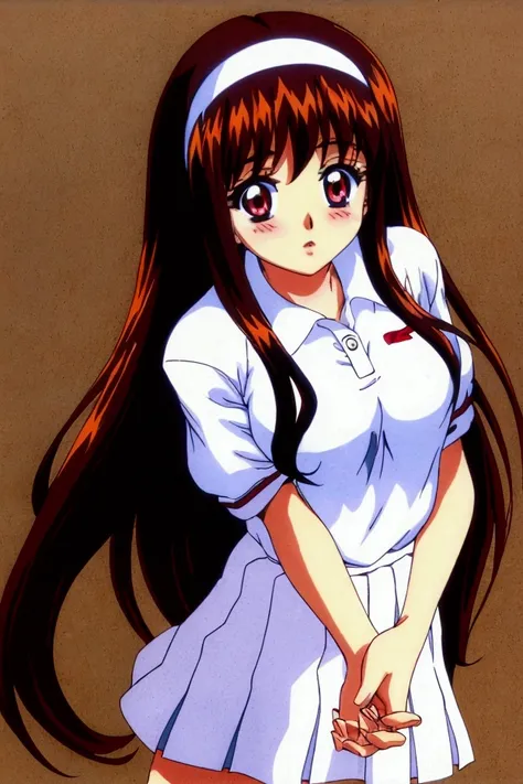 Yuuki Mizuho, Long Hair, hair band, White tennis uniform, White polo shirt, Raglan sleeves, Pleated skirt, White Skirt, ((A man rubs his chest from behind)), Red eyes, Brown Hair, blush, Lips parted, liar, View your viewers, One person, difficult, Cowboy S...