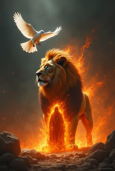 A roaring lion, behind it someone with flames of fire
And on one side above the image a white dove descending from the sky  