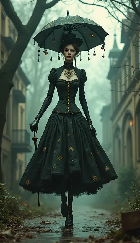 "Create a surreal and twisted version of Mary Poppins in the style of Tim Burton.  She wears tight, form-fitting corset with eerie patterns and symbols, her (O N O ) standing out as oddly exaggerated features. Imagine her with elongated limbs, a haunting...