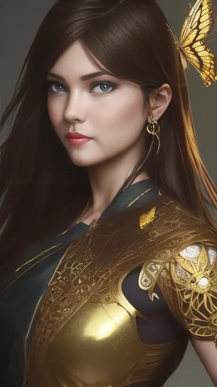 8k portrait of beautiful cyborg with brown hair, intricate, elegant, highly detailed, majestic, digital photography, art by artgerm and ruan jia and greg rutkowski surreal painting gold butterfly filigree, broken glass, (masterpiece, sidelighting, finely d...