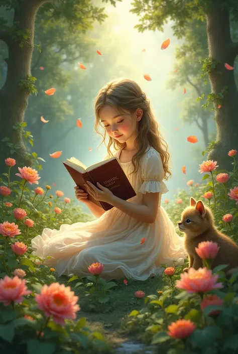 A girl with books and dong  in nature garden or flower garden