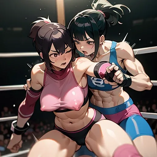 their punches are hitting to each others cheeks. they are beating each other so hard. two bloody beautiful Japanese female heavyweight fighters are looking at each eyes. survival battle. dynamic exciting action in the octagon fighting ring. whole body pict...