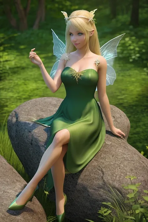 blonde woman in a green dress sitting on a rock with fairy wings, photorealistic disney, tinker bell, daz studio genesis one ult...