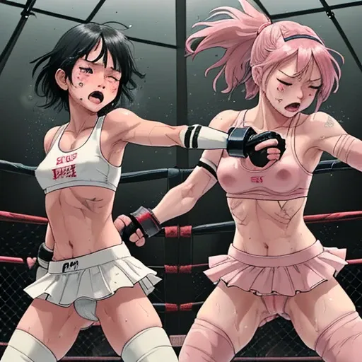  their punches are hitting to each others cheeks. they are beating each other so hard. bloody beautiful Japanese female fighters are fighting in the octagon. life or death struggle. survival battle. dynamic exciting action in the octagon fighting ring. who...