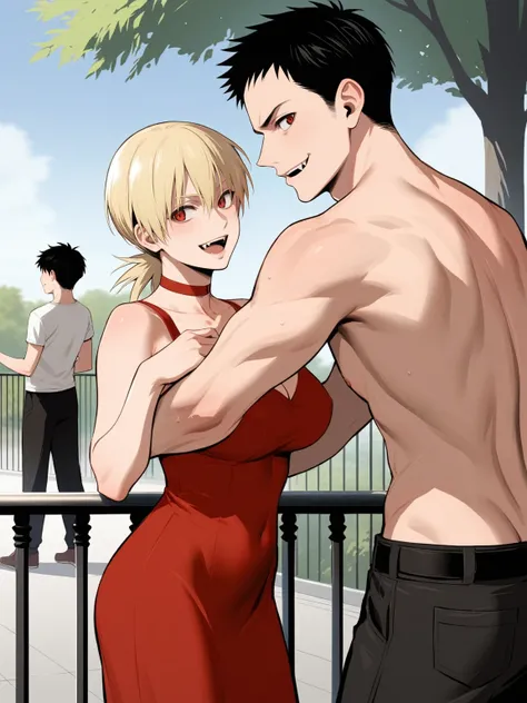 score_9, score_8_up, score_7_up,  score_6_up, source_anime, standing, hellsing, seras, blonde hair, nude, park, outdoors, sky, vampire, smirk, fangs, ikuchan, balcony, muscular male, male wearing tank top, large breasts, husband and wife, family, looking a...