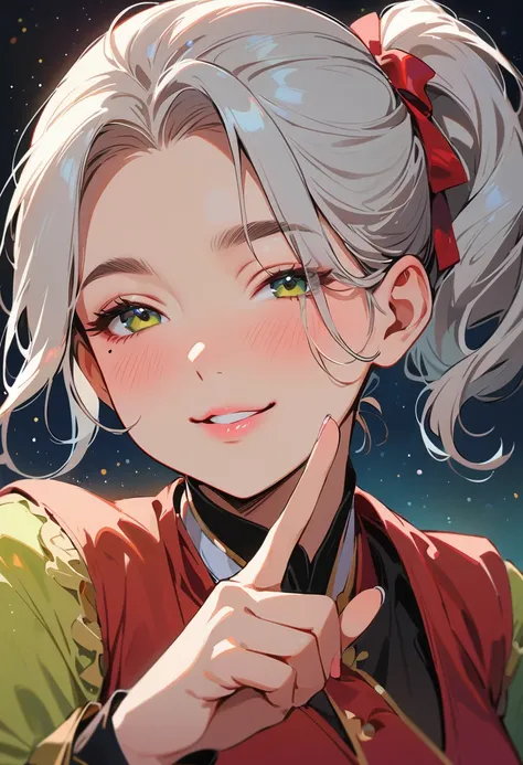 (masterpiece, best quality:1.4), 1 girl, 独奏, Star pupil, Blurred eyes, Close your left eye, Smile, Look up and down, peace gesture, Right tear mole, (Green double ponytail hairstyle:1.2),  Royal sister, large breasts, Vest, Midnight starry sky background.