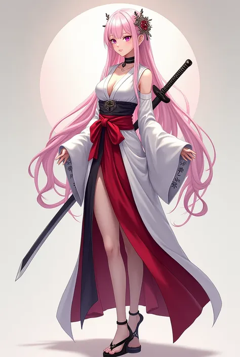  he Shas fair skin, violet eyes, and long light pink hair that reaches her thighs, tied up near the end. Her outfit is inspired by traditional female attire, featuring a white top with a high collar and wide armholes. The top is cut open at the back, and t...