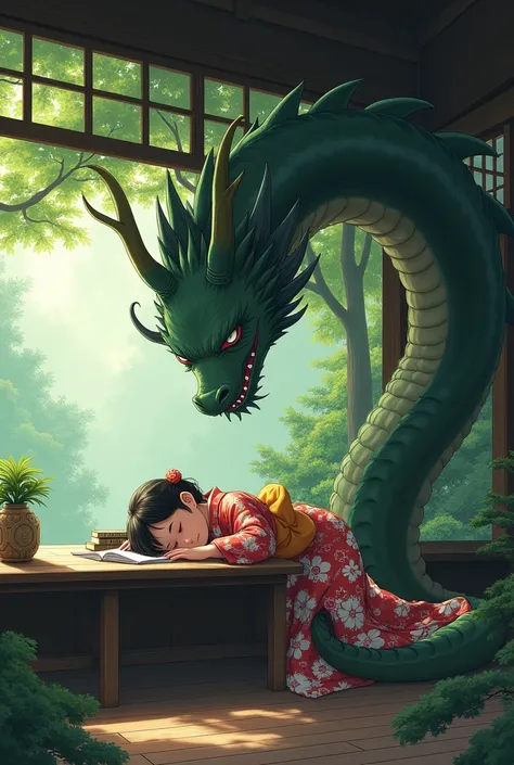 A girl in a kimono happily sleeps on a desk under a large tree in a wooden Japanese Zen temple in the forest，A gentle dragon deity watches over her