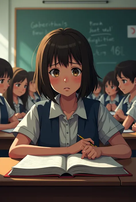 (The scene begins in a classroom full of students. danna is sitting at her desk, looking at his textbook with a worried expression. Gabriela runs in.)