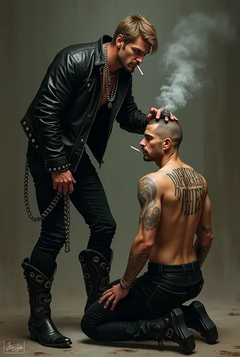 light brown haired man with green eyes, with penetrating gaze, hes wearing black cowboy boots with metal studs, black leather pants and jacket. Hes standing, stroking the head of another, younger man with a shaved head with his right hand., Hes kneeling an...