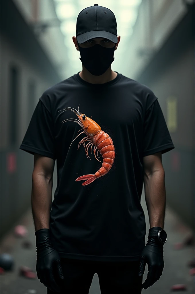 Man with a black t-shirt and black latex gloves, a black cap, and a shrimp printed on the shirt. 
