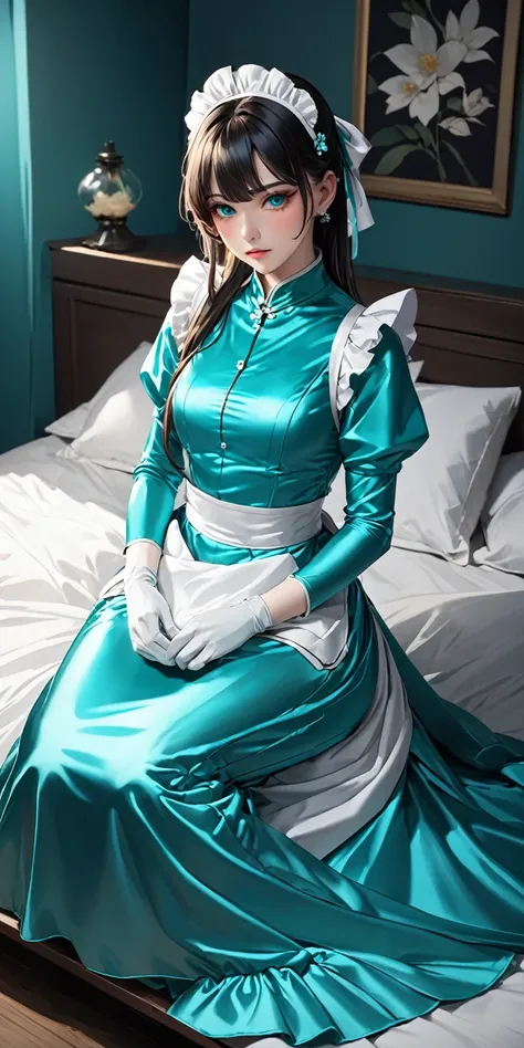 Portraiture、(masterpiece,Highest quality,Ultra-high resolution),Japanese women, (((A very beautiful 25 year old)))、(She is wearing a long-sleeved maid outfit made of shiny turquoise satin..)、The dress has a simple design without any patterns.....、(((Long s...