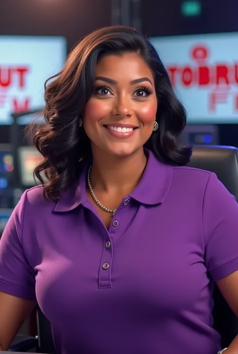 a beautiful radio announcer, dressing in a purple polo shirt. smiling flirtatiously at the camera, a little fat, in the background of a radio broadcast with the text "TOBRUT FM".