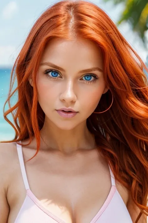 a one woman, red orange wavy hair, big blue eyes, small and thin nose, pink heart shaped mouth, tanned white skin