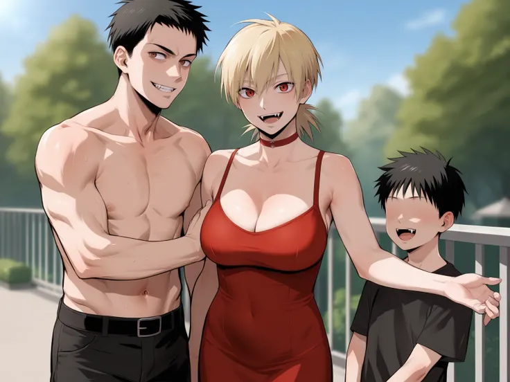 score_9, score_8_up, score_7_up,  score_6_up, source_anime, standing, hellsing, seras, blonde hair, nude, park, outdoors, sky, vampire, smirk, fangs, ikuchan, balcony, muscular male, male wearing tank top, large breasts, husband and wife, family, looking a...