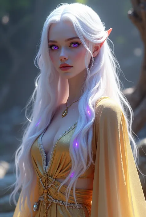 Make a life element RPG character who has long white hair with purple highlights that seem to glow under the light. Your eyes are lilac. your skin is pale, and she wears a golden robe. Human appearance 