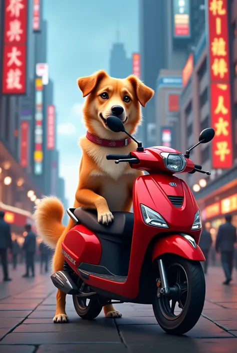 a street caramel dog showing off a honda 160 motorcycle in a busy city