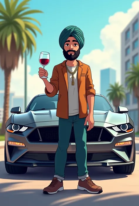 A 17 year old sikh boy cartoon character with a wine glass standing in style in front of a mustang gt 2024 model car
