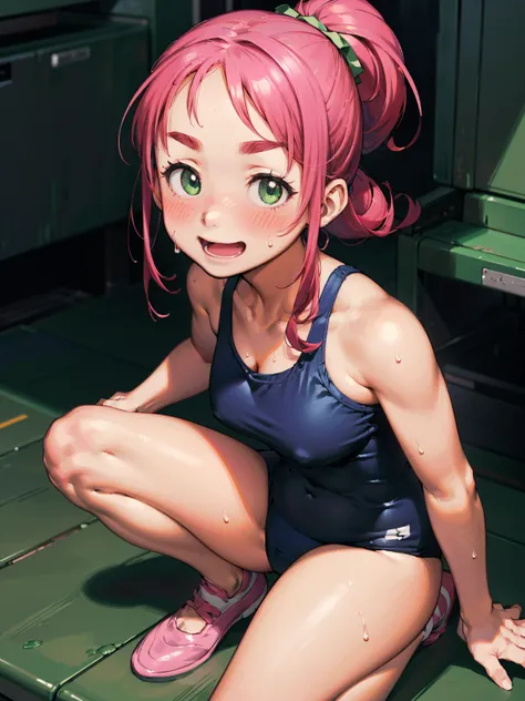 8K quality,(super masterpiece:1.3),Highest quality,Detailed Images,1 female,symmetrical beauty,10th Generation,Medium build,face(Downward,Shy laugh,困惑したface,smile,笑face,blush,bright red,Sweat),(Pink Hair,Long Hair,High Ponytail),(Thick eyebrows,Thick eyebr...