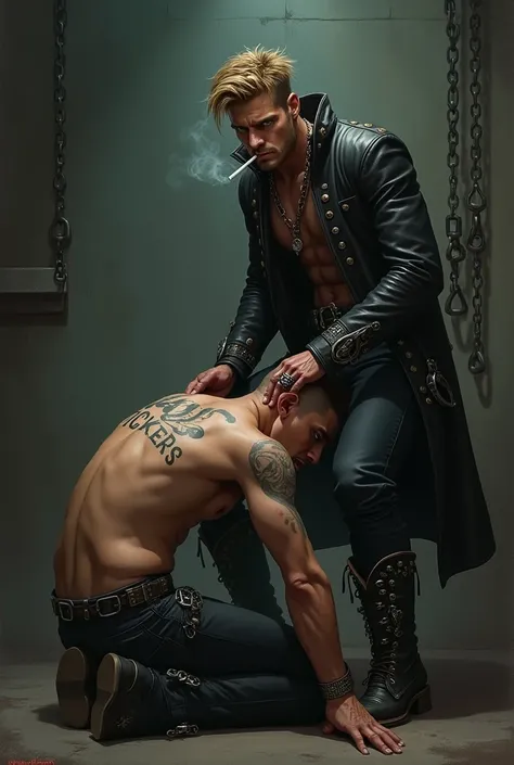 light brown haired man with green eyes, with penetrating gaze, hes wearing black cowboy boots with metal studs, black leather pants and jacket. Hes standing, stroking the head of another, younger man with a shaved head with his right hand., Hes kneeling an...