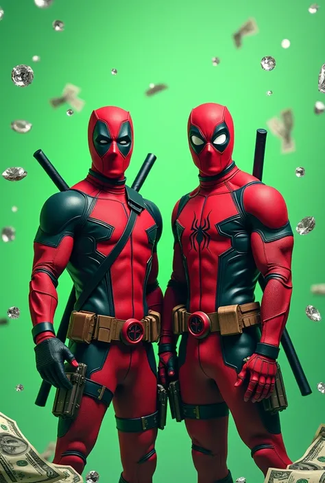 An music album picture with Deadpool and spider man, the colors can be based in light green, also add some diamond and dollar bills and Uni Duni Te as the tittle. Also make it in 1:1 proportion 
