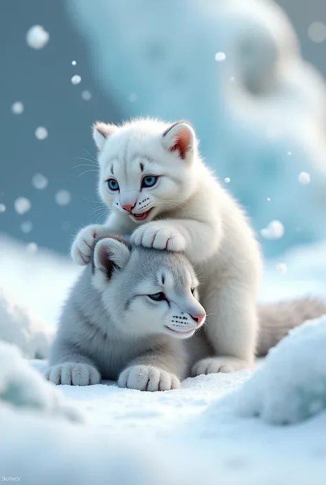 Baby snow leopard climbing arctic fox body